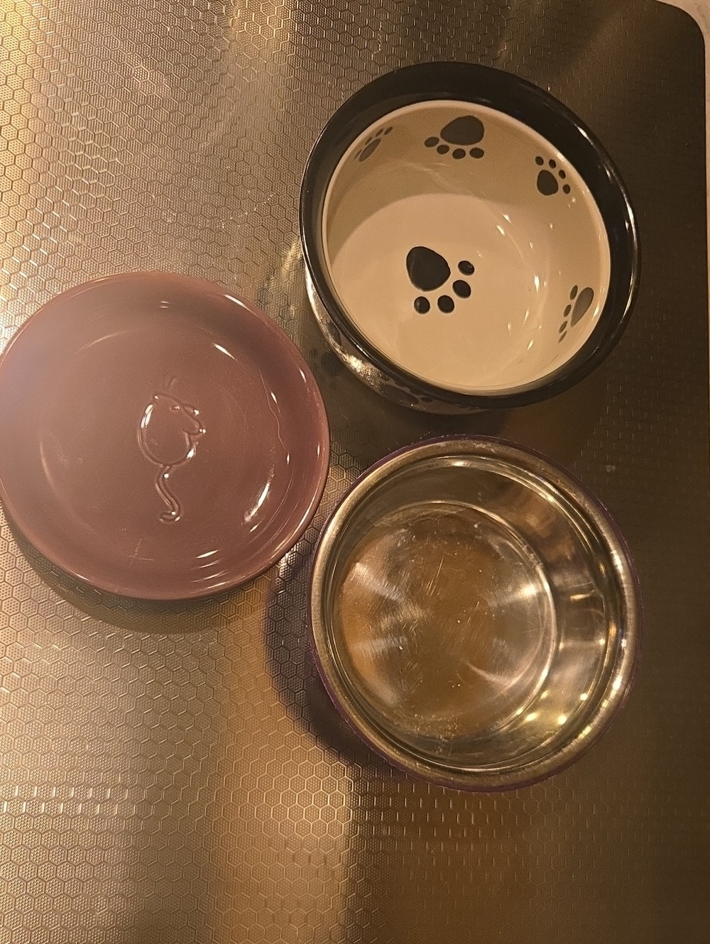 Ceramic & Stainless Steel Pet Bowls – Paw Print, Mouse Design, Durable Set (3)